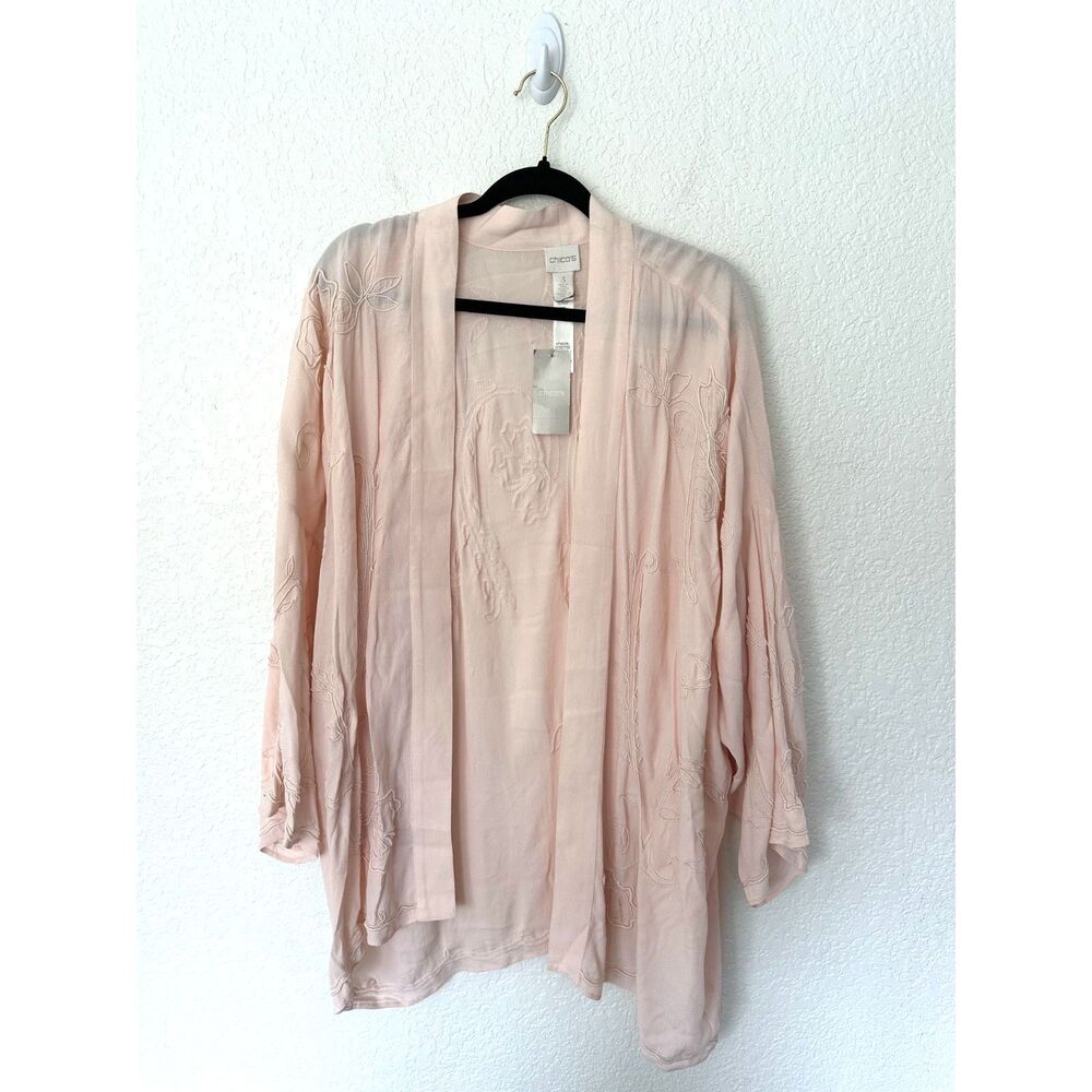 Chicos Womens Tinted Pink Delicate Embroidered Open Front Kimono Jacket 3/XL NWT